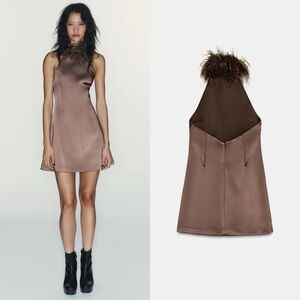 Zara Brown Satin Mini Dress w/Feathers Small NEW NWT